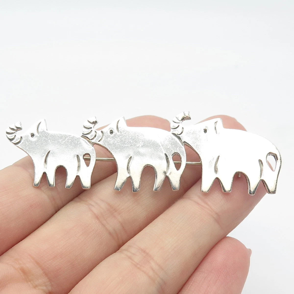 925 Sterling Silver Vintage Mexico Triple Elephant For Good Luck Pin Brooch