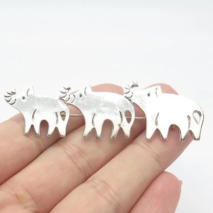 925 Sterling Silver Vintage Mexico Triple Elephant For Good Luck Pin Brooch