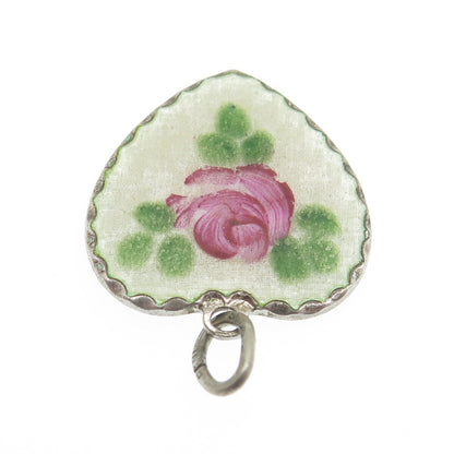 BEAU 925 Sterling Silver Antique Art Deco Enamel Rose Flower Heart Charm Pendant