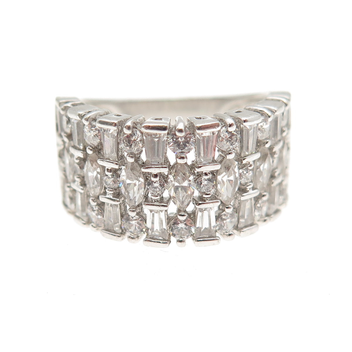 925 Sterling Silver Marquise Round & Tapered Baguette-Cut C Z Ring Size 5.25