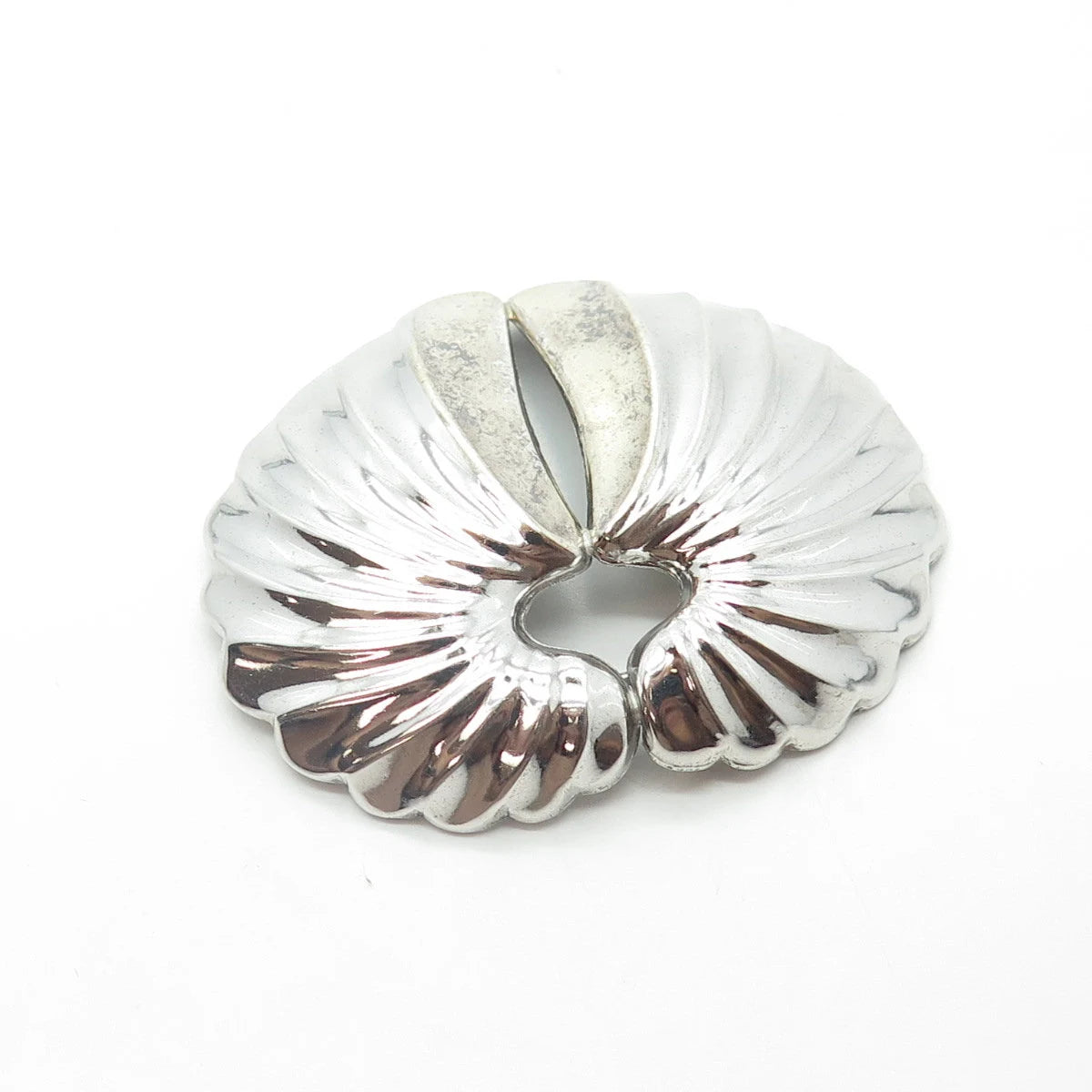 925 Sterling Silver Vintage Ribbed Shell Modernist Pin Brooch