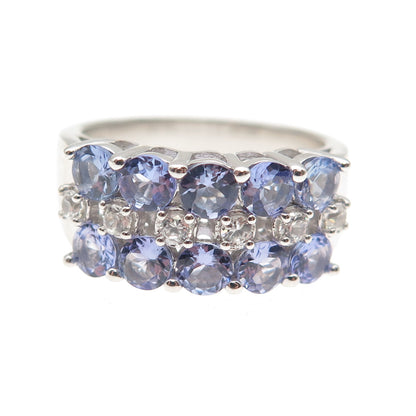 DSMK 925 Sterling Silver Real Round-Cut Tanzanite & White Topaz Ring Size 7.25