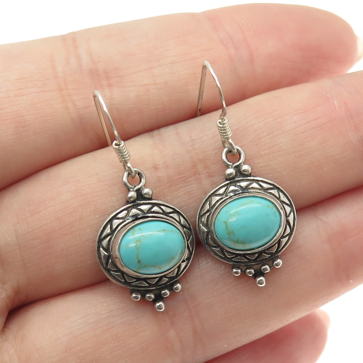 925 Sterling Silver Vintage Real Turquoise Gemstone Ethnic Dangling Earrings