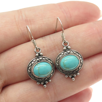 925 Sterling Silver Vintage Real Turquoise Gemstone Ethnic Dangling Earrings