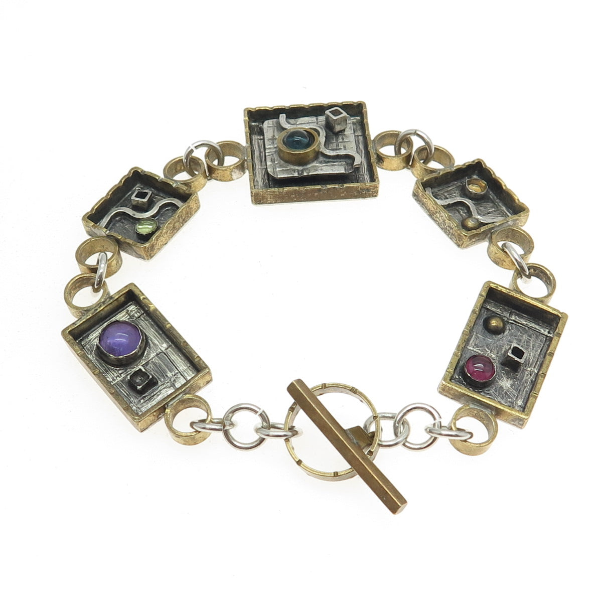 M. LUCIUK 925 Sterling Silver 2-Tone Vintage Multi-Gem Modernist Bracelet 6.5"