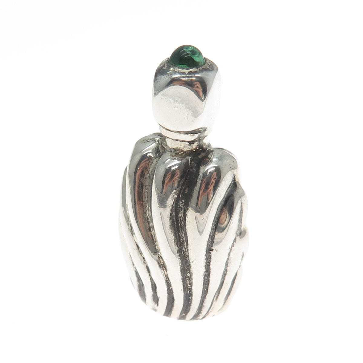 925 Sterling Silver Vintage Mexico Green Glass Modernist Oxidized Perfume Bottle