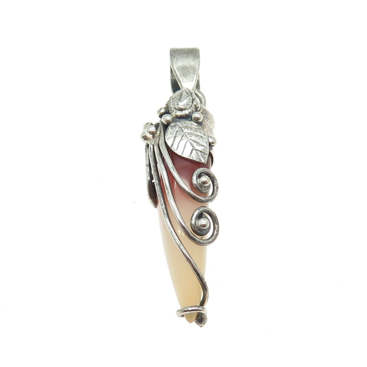 925 Sterling Silver Vintage Real Agate Floral Swirl Amulet Pendant
