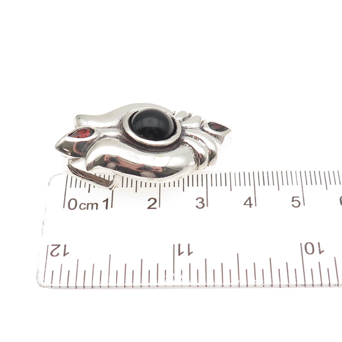 925 Sterling Silver Vintage Real Black Onyx & Red Garnet Modernist Slide Pendant