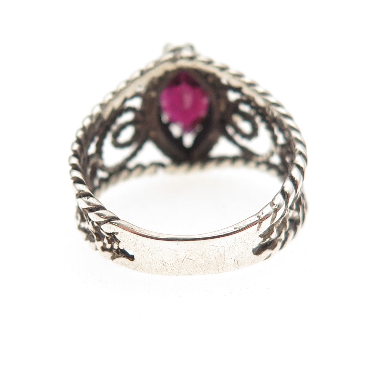 925 Sterling Silver Vintage Real Marquise-Cut Garnet Swirl Oxidized Ring Size 6