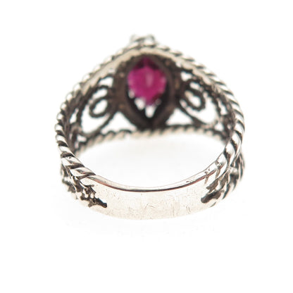 925 Sterling Silver Vintage Real Marquise-Cut Garnet Swirl Oxidized Ring Size 6