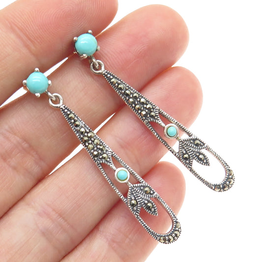 925 Sterling Silver Vintage Real Turquoise & Marcasite Gemstone Drop Earrings