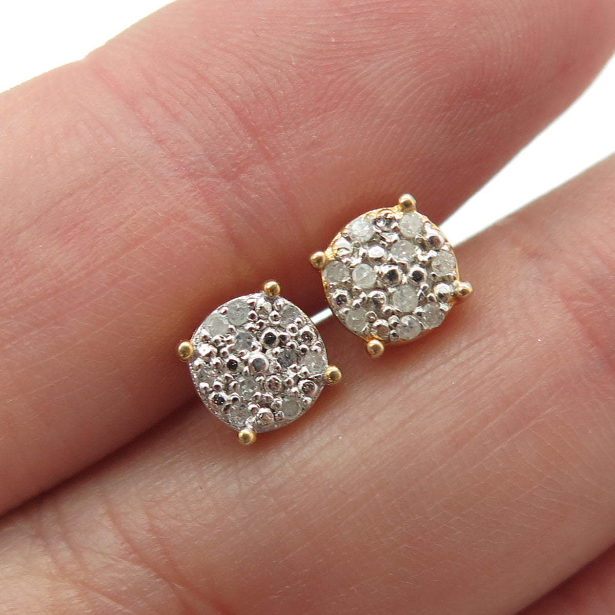 925 Sterling Silver Gold Plated Real Round-Cut Diamond Stud Earrings