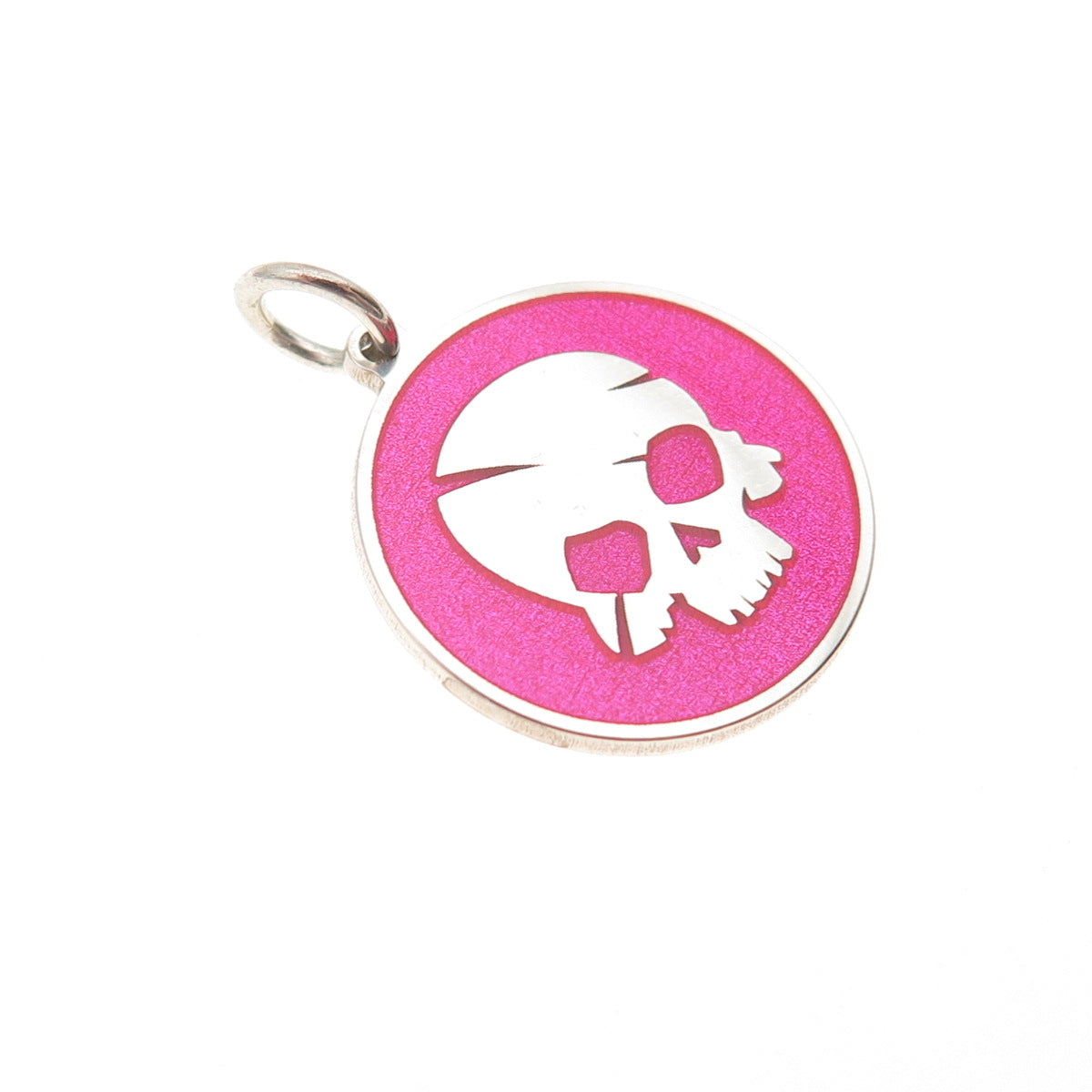 925 Sterling Silver Pink Enamel Skull Round Tag Mini Charm Pendant