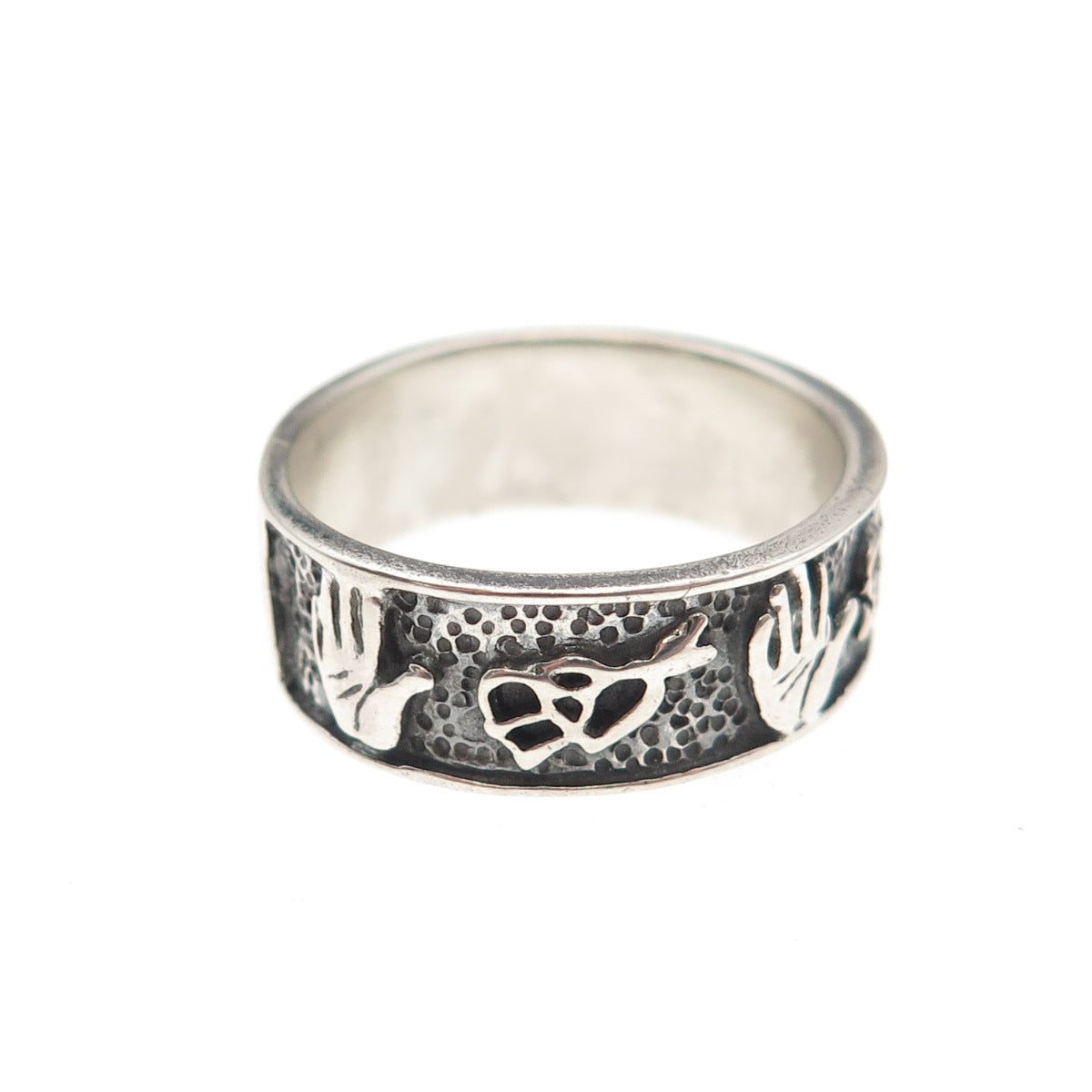 925 Sterling Silver Vintage Hand Palm & Hearts Oxidized Band Ring Size 7.75
