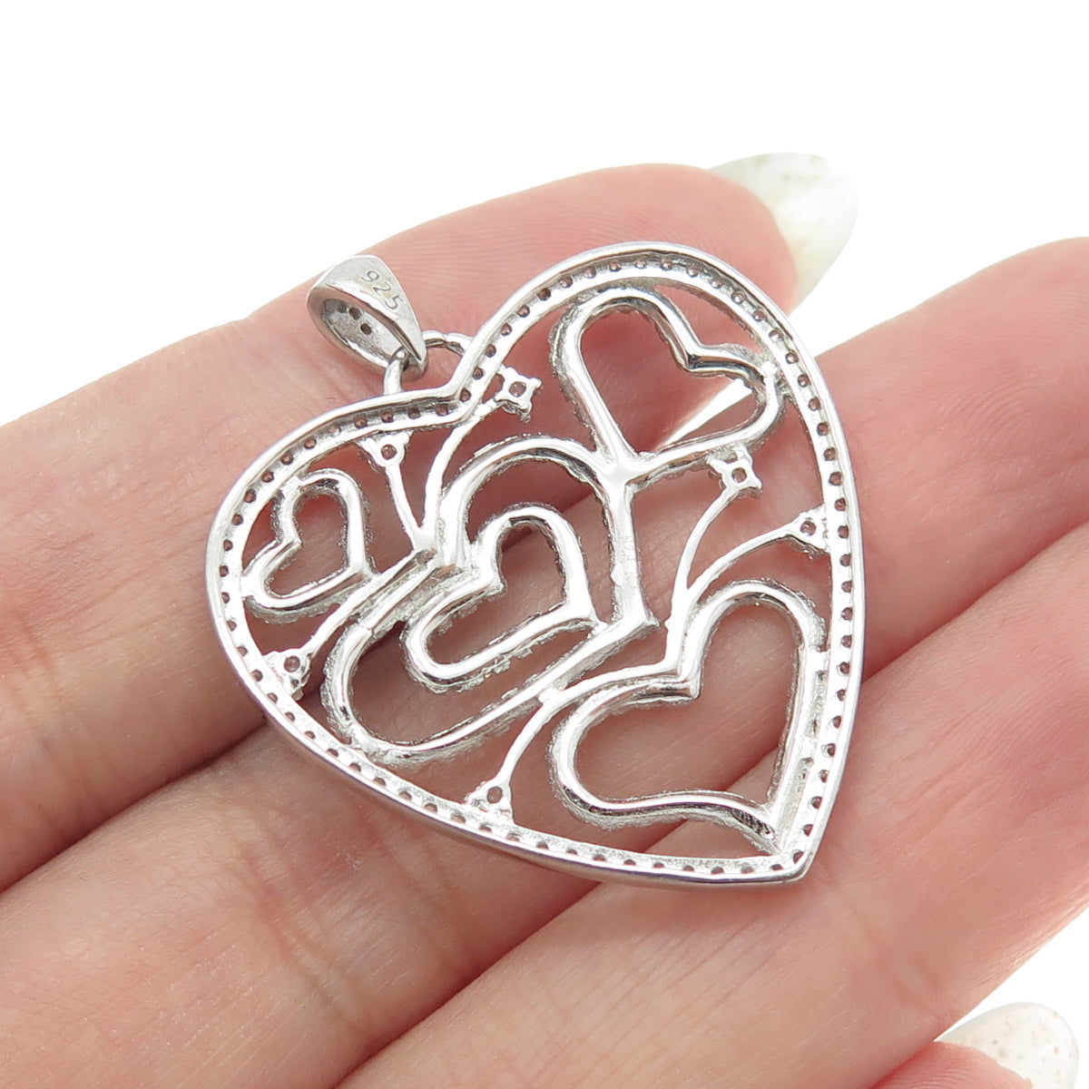 925 Sterling Silver Round-Cut C Z Multi-Heart Pendant