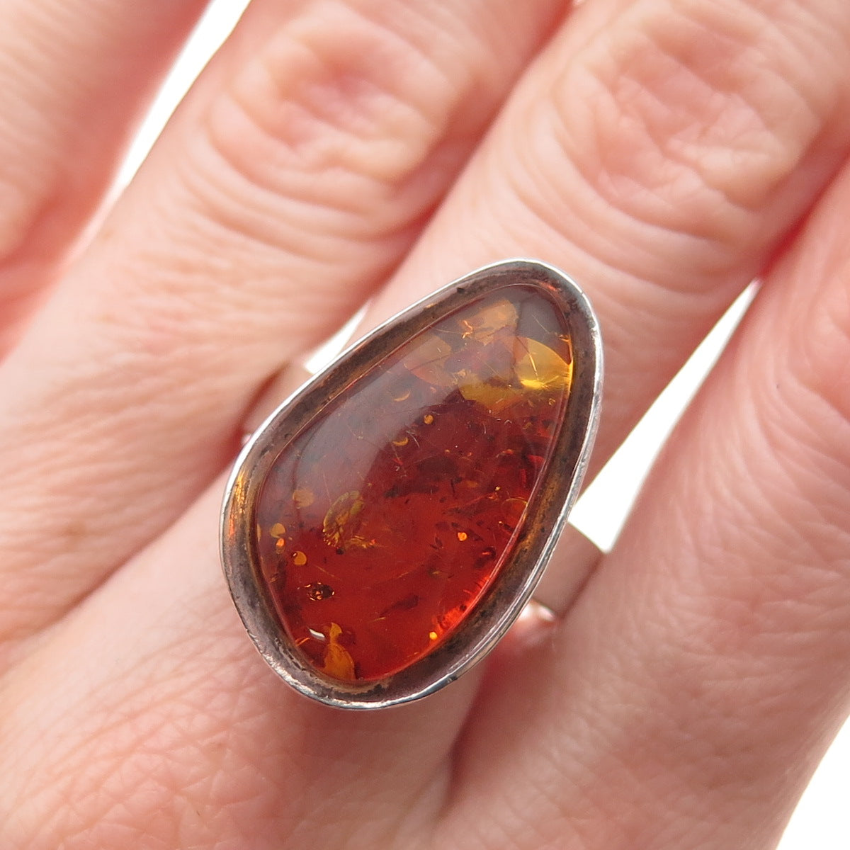 925 Sterling Silver Vintage Real Amber Modernist Oxidized Ring Size 9.5