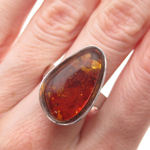 925 Sterling Silver Vintage Real Amber Modernist Oxidized Ring Size 9.5