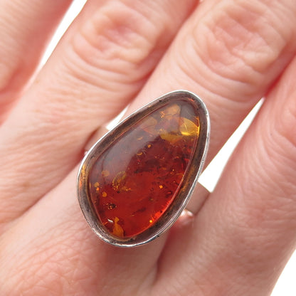 925 Sterling Silver Vintage Real Amber Modernist Oxidized Ring Size 9.5