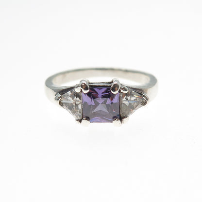 925 Sterling Silver Princess-Cut Purple & Triangle-Cut White C Z Ring Size 8.75
