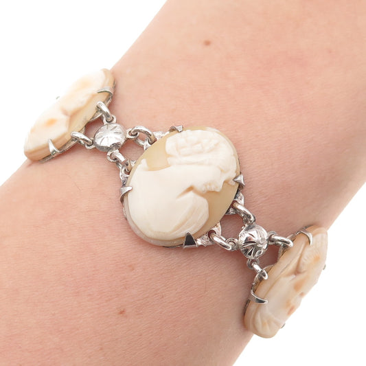 925 Sterling Silver Antique Art Deco Real MOP Lady Cameo Bracelet 6.5"