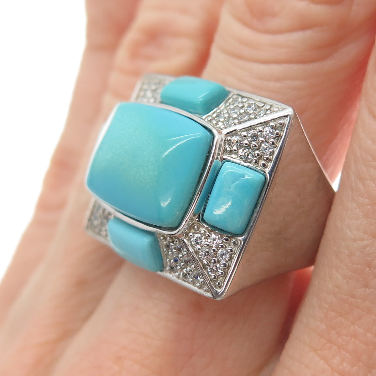 FADI 925 Sterling Silver Real Turquoise & Round-Cut C Z Ring Size 7.25