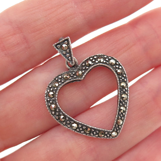 925 Sterling Silver Vintage Real Marcasite Heart Oxidized Charm Pendant