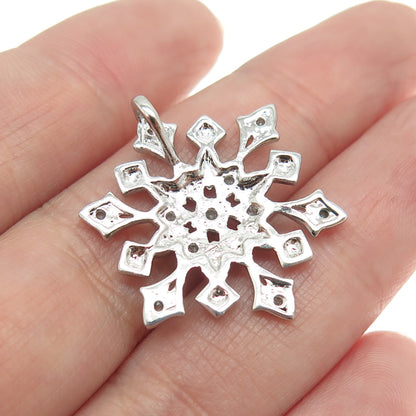 925 Sterling Silver Real Round-Cut Diamond Snowflake Pendant