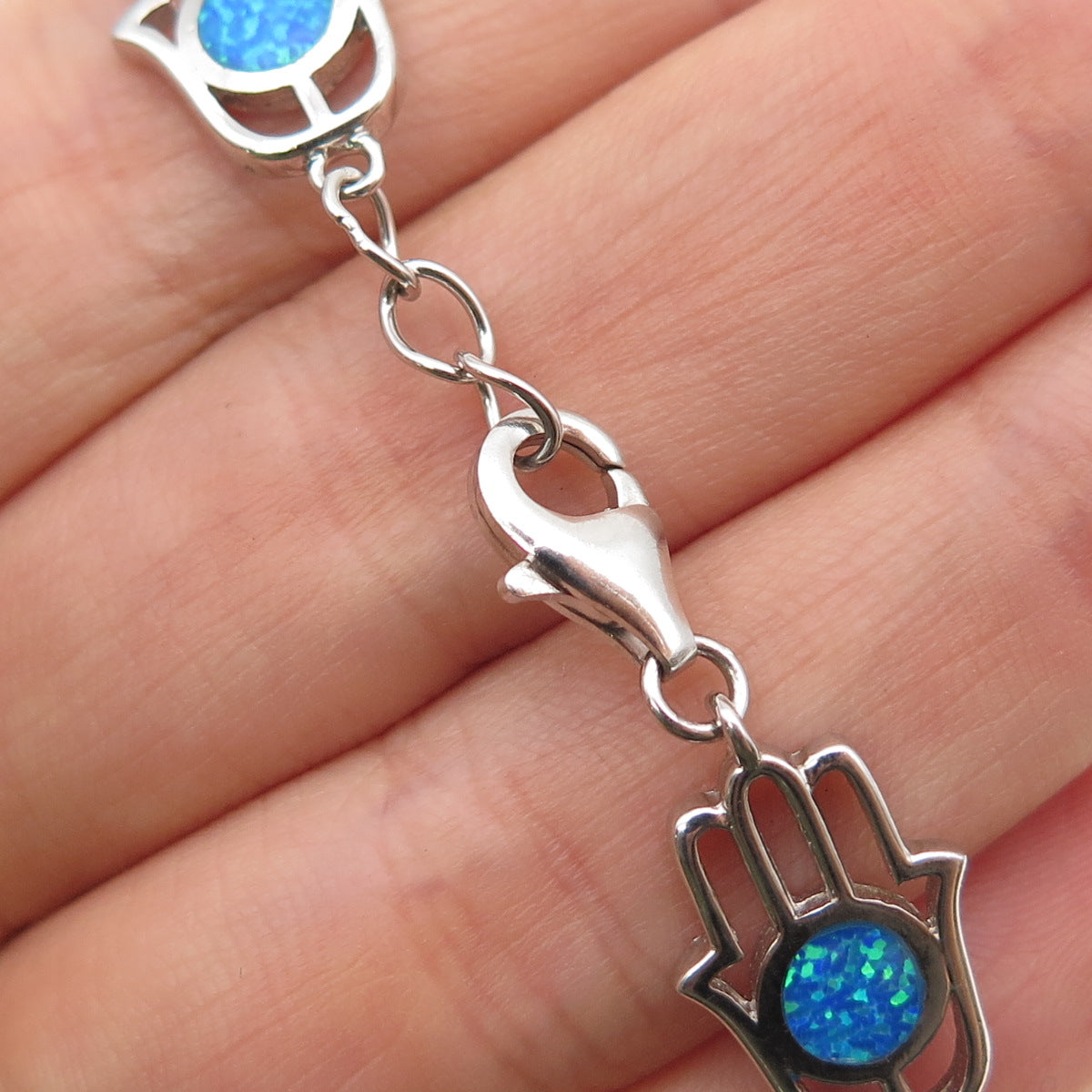 925 Sterling Silver Real Opal Hamsa Amulet Link Bracelet 8"
