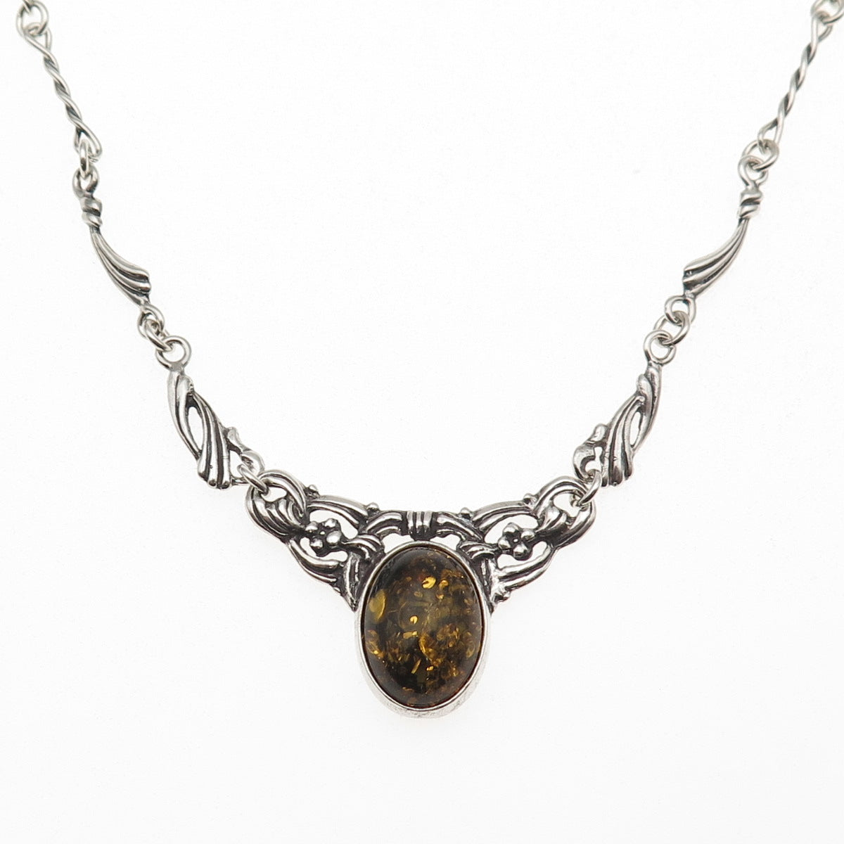 Valerio V-8 Sterling Silver Vintage Poland Real Amber Floral Chain Necklace 20"