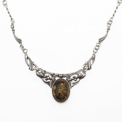 Valerio V-8 Sterling Silver Vintage Poland Real Amber Floral Chain Necklace 20"