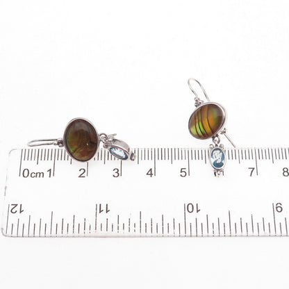 925 Sterling Silver Vintage Real Blue Topaz & Abalone Shell Dangle Earrings