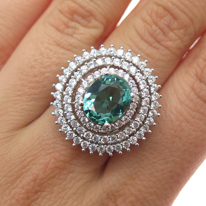 925 Sterling Silver Oval-Cut Paraiba & White C Z Bohemian Ring Size 8.25