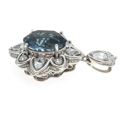 SAI 925 Sterling Silver Oval Round & Pear-Cut Blue White C Z Floral Pendant