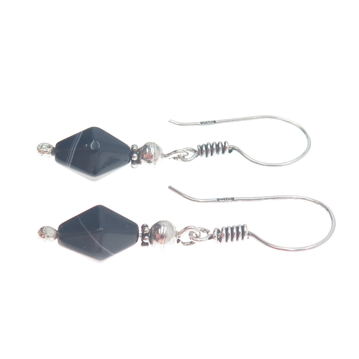 800 Silver Vintage Egypt Real Black Agate Dangle Earrings
