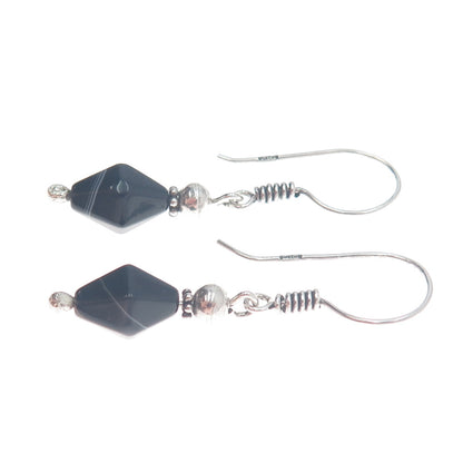 800 Silver Vintage Egypt Real Black Agate Dangle Earrings