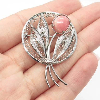 925 Sterling Silver Vintage Real Rhodochrosite Gem Leaf Filigree Pin Brooch