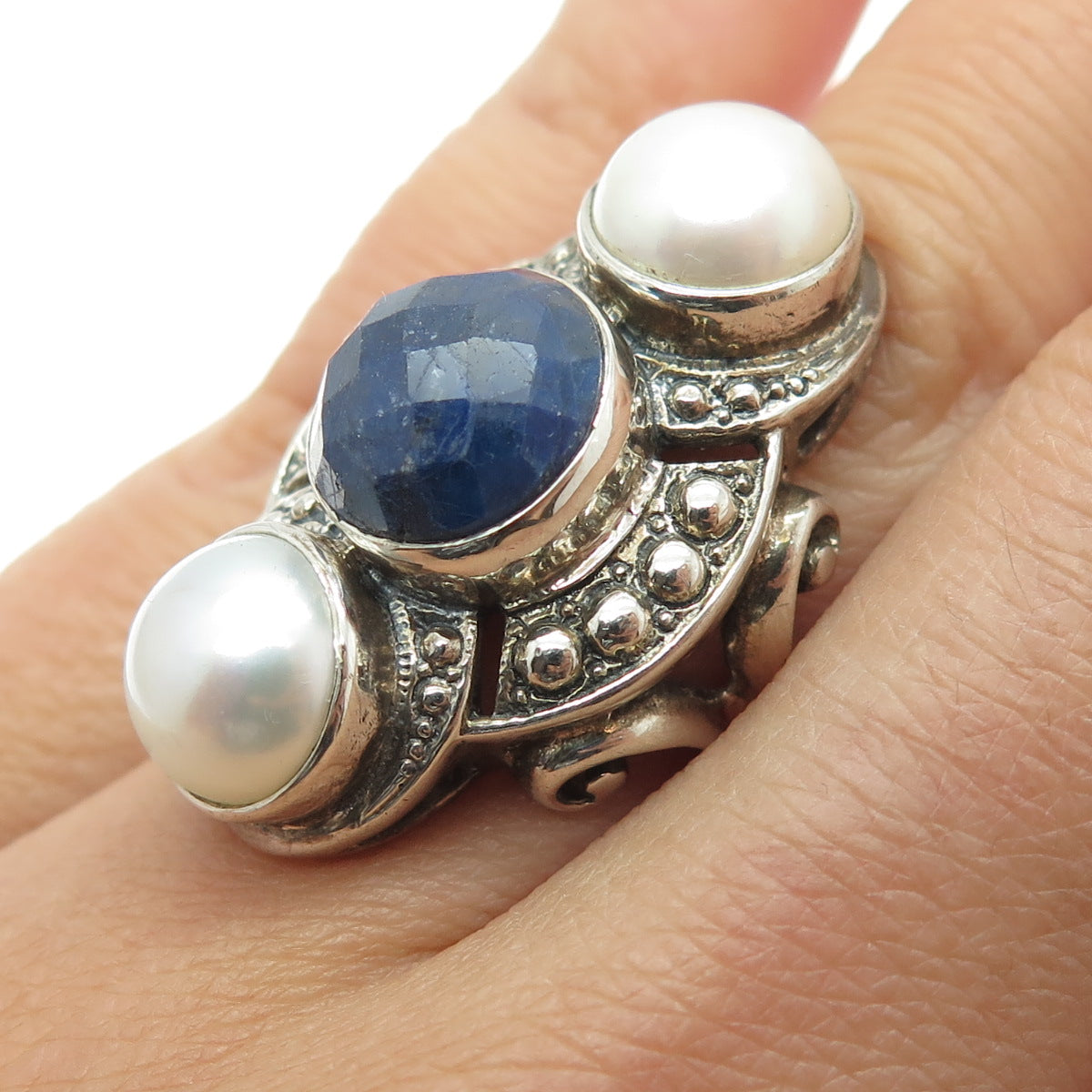 NICKY BUTLER 925 Sterling Silver Vintage Real Pearl & Sapphire Gem Ring Size 6