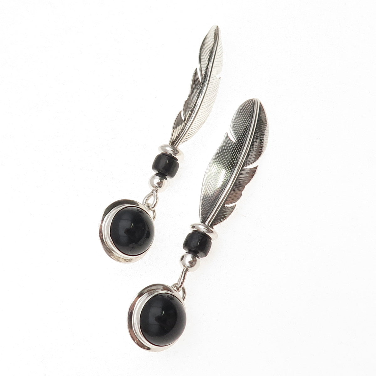 Old Pawn 925 Sterling Silver Vintage Black Onyx Feather Tribal Dangle Earrings