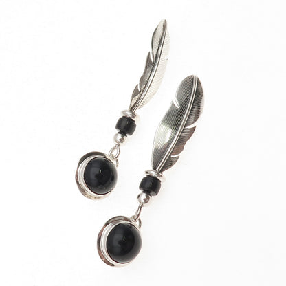 Old Pawn 925 Sterling Silver Vintage Black Onyx Feather Tribal Dangle Earrings