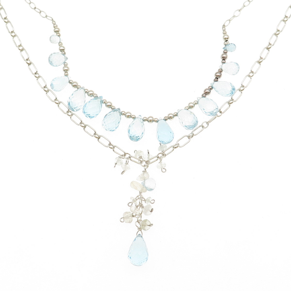 925 Sterling Vintage Real Blue Topaz & Clear Quartz Double Chain Necklace 20"