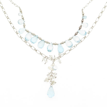 925 Sterling Vintage Real Blue Topaz & Clear Quartz Double Chain Necklace 20"