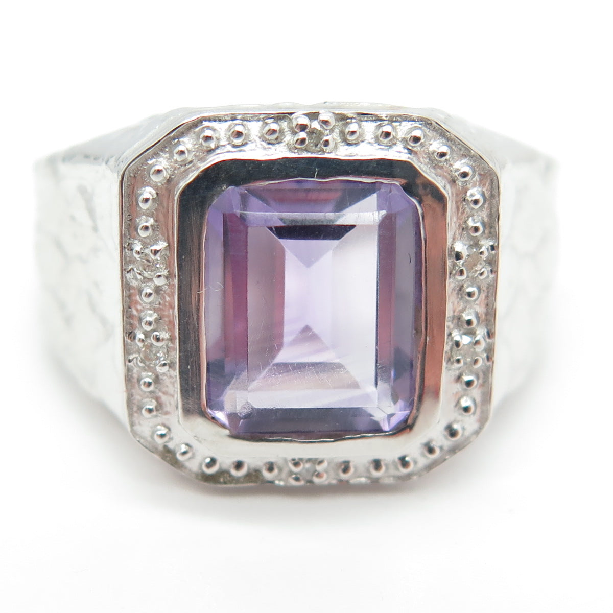 925 Sterling Silver Real Round-Cut Diamond & Amethyst Ring Size 8.75