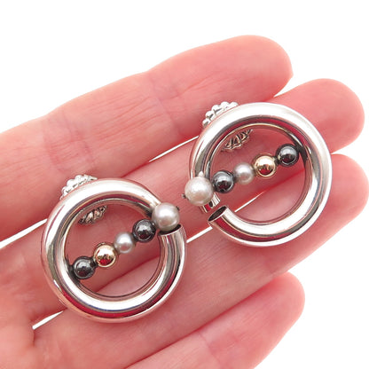 Hiroko Yamada 925 Sterling 2-Tone Vintage Real Pearl Hematite Modernist Earrings
