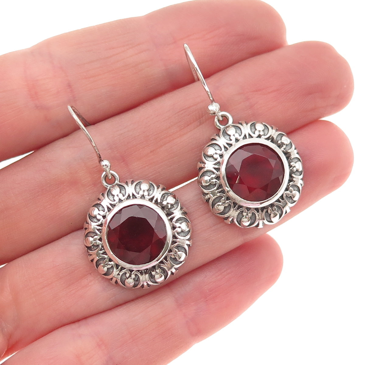 925 Sterling Silver Vintage Real Carnelian Floral Oxidized Dangle Earrings
