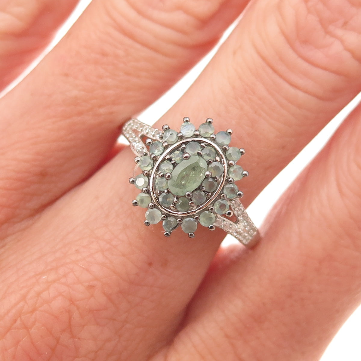 D'Joy 925 Sterling Silver Real Green Sapphire & White Topaz Floral Ring Size 8
