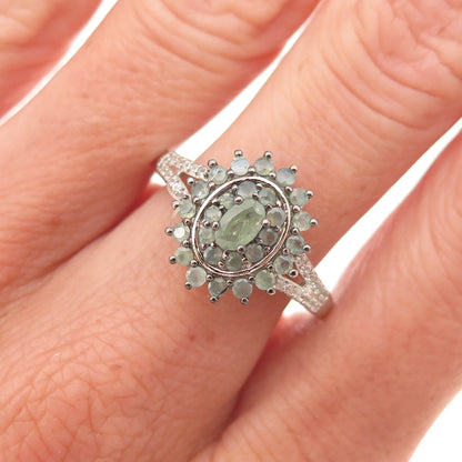 D'Joy 925 Sterling Silver Real Green Sapphire & White Topaz Floral Ring Size 8
