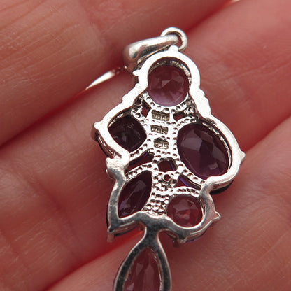 925 Sterling Silver Real Amethyst & C Z Cluster Cable Chain Necklace 18"