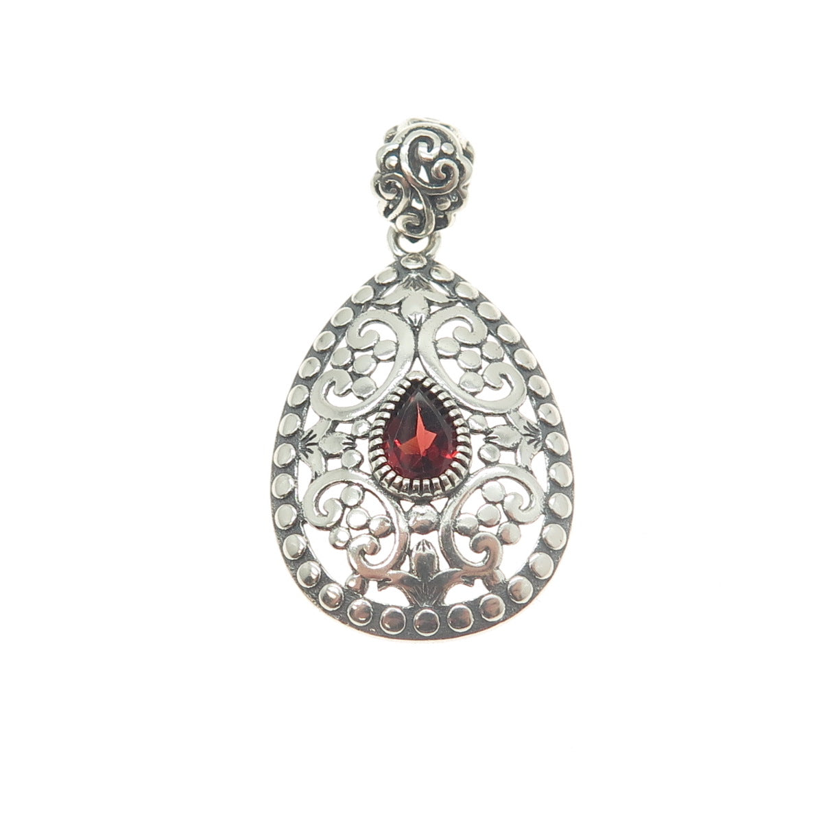 BERIA 925 Sterling Silver Pear-Cut Red Garnet Ornate Teardrop Pendant