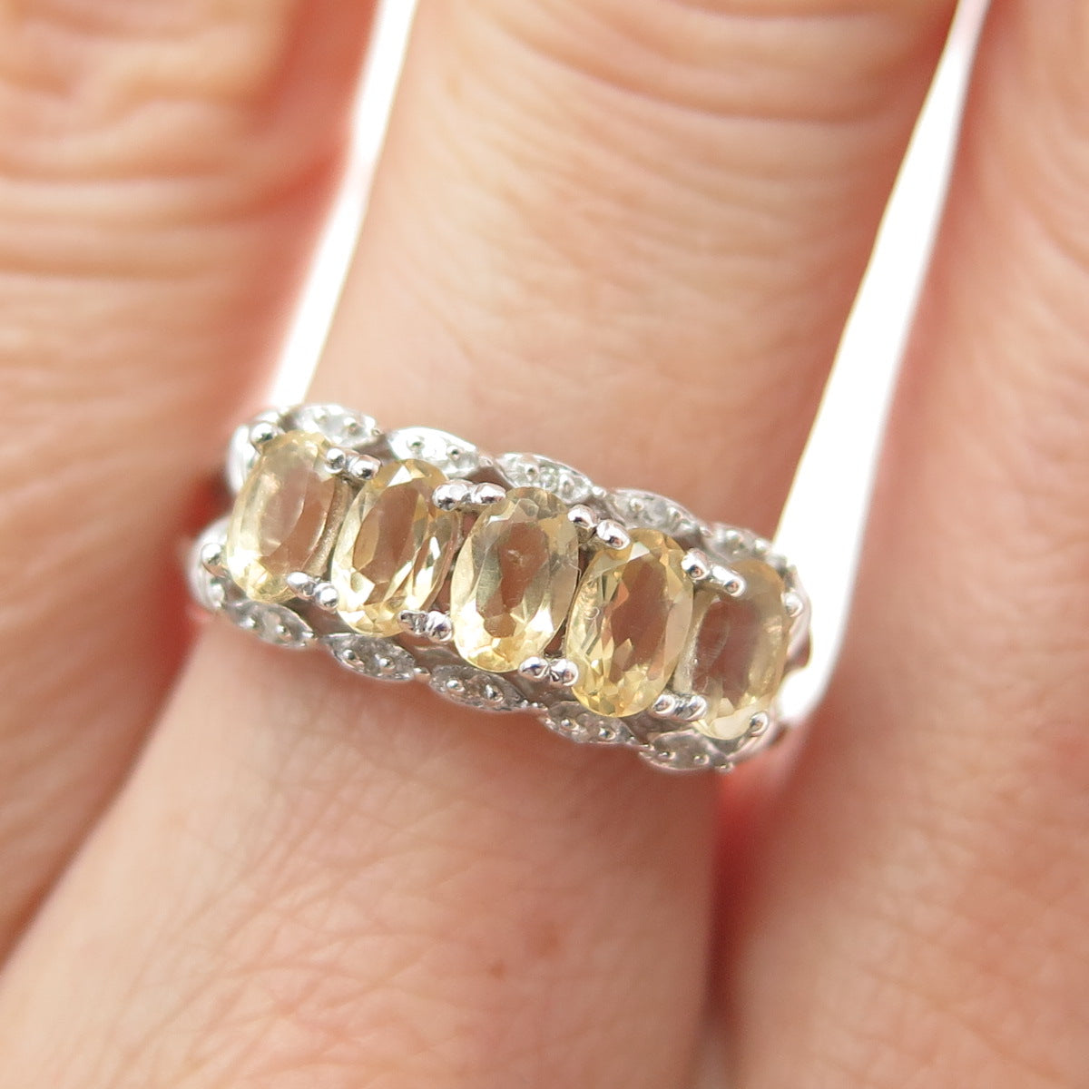 LUCENT LJ 925 Sterling Silver Real Round-Cut Diamond & Citrine Ring Size 7.25