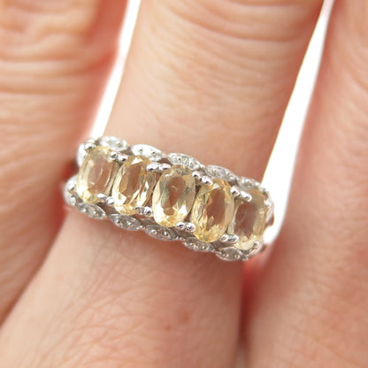 LUCENT LJ 925 Sterling Silver Real Round-Cut Diamond & Citrine Ring Size 7.25